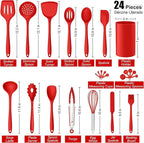 E-far Silicone Cooking Utensils Set, 24Pcs Heat Resistant Kitchen Utensil with Holder, Silicone Kitchen Tools with Spatula Turner Spoon Tongs Whisk, Non-Toxic & Dishwasher Safe (Red)