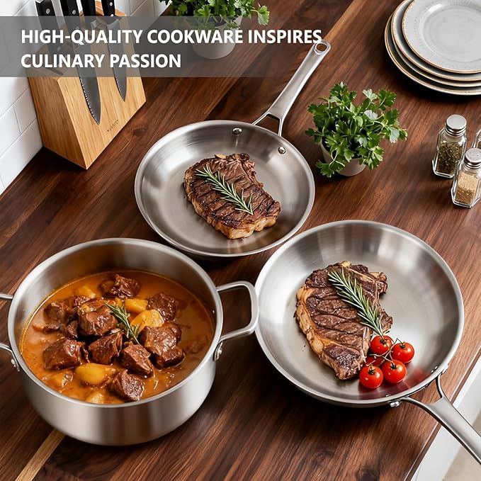 Bonnlo 11 Pieces Cookware Set, 3-Ply Stainless Steel Pots and Pans Set with Lids, Non-Toxic Kitchen Set, Oven & Dishwasher Safe, Induction Cooking Set, PFOA & PTFE Free, Compatible for All Cooktops