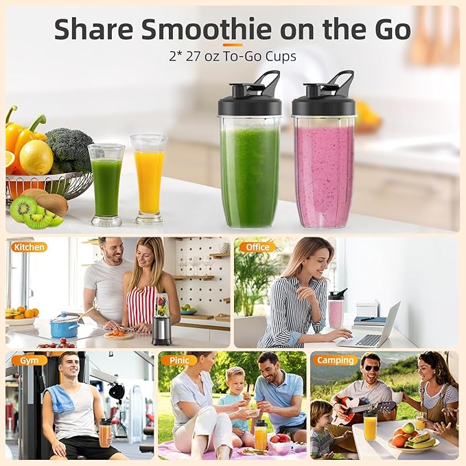 Smoothie Blender, 1300W Personal Blender for Smoothies, Shakes and Nutrient Extractions with 2pcs BPA-Free 27oz Portable To-Go Bottles