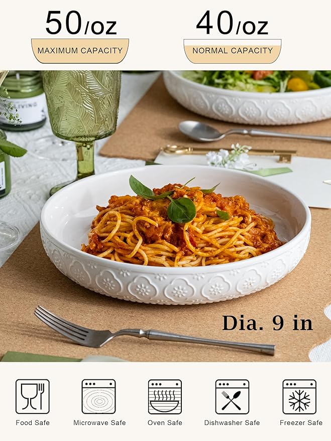 YHOSSEUN 9.75" Pasta Bowls Set of 4, 50 OZ Large Salad Serving Bowls, Ceramic Pasta Plate Bowls, White Soup Bowl, Microwavable Dinner Bowls for Kitchen, Embossed Sunflower