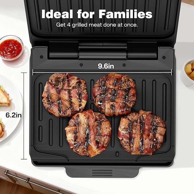 2-Serving Electric Grill and Panini Press, Tough Non-Stick Coating, Drip Tray Catches Grease, Black
