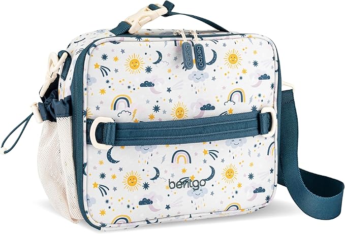 Bentgo Kids Lunch Bag - Durable, Double-Insulated Lunch Bag for Kids 3+; Holds Lunch Box, Water Bottle, & Snacks; Easy-Clean Water-Resistant Fabric & Multiple Zippered Pockets (Friendly Skies)