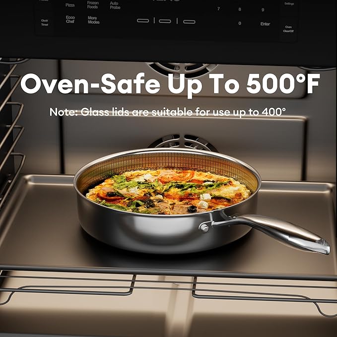 COOKER KING 3.6 Quart Stainless Steel Saute Pan with Lid, 11 Inch Hybrid Nonstick Deep Saute Pan, Tri-Ply Clad Even Heat Distribution, Dishwasher-Friendly,Oven Safe to 500°F, Induction Compatible