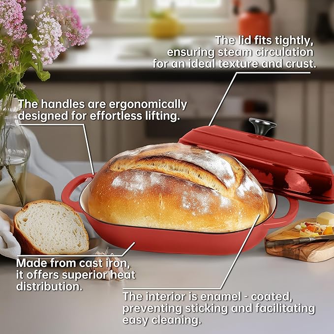 Premium Enameled Cast Iron Dutch Oven for Bread Baking | Non-Stick 5QT Oval Bread Oven with Lid | Perfect for Sourdough, Loaf, and Artisan Baking (Red, 5 QT)