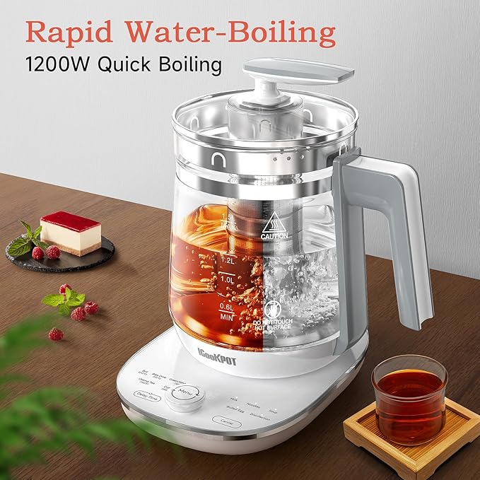 Hot Electric Kettle with Tea Infuser and Temperature Control, 1.5L Stainless Steel Tea Maker & 1200W Rapid Boiling, Programmable Control for Coffee and More, White