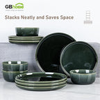 GBHOME Ceramic Dinnerware Sets for 4, 12 Pieces Stoneware Plates and Bowls Sets, Scratch Resistant Dishes, Dishwasher & Microwave Safe, Reactive Glaze-Earth Green