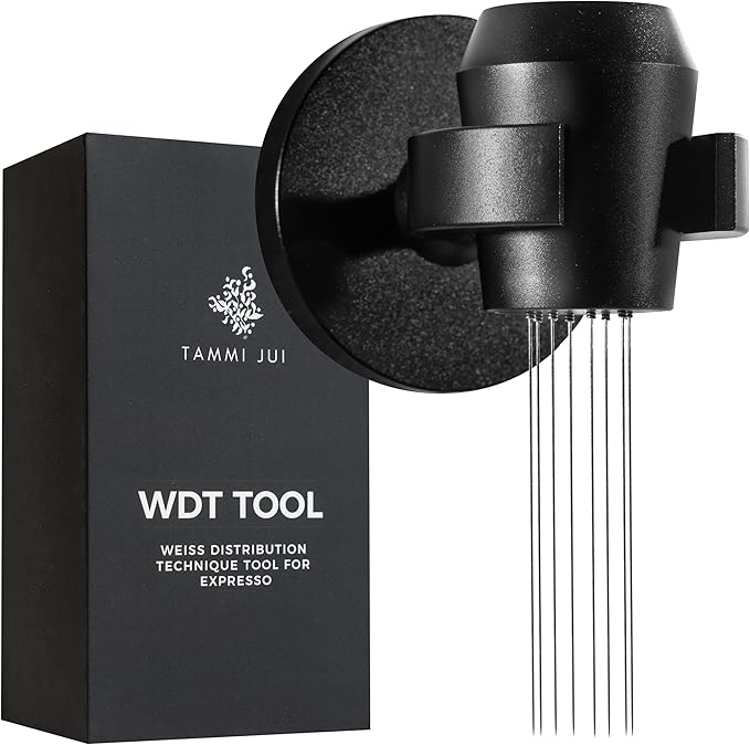 WDT Tool Espresso with Magnetic Mount for easy, clutter-free storage. 8 Needle Espresso Distribution Tool in sleek aluminum. WDT Espresso Distributor comes in a Gift Ready Box.