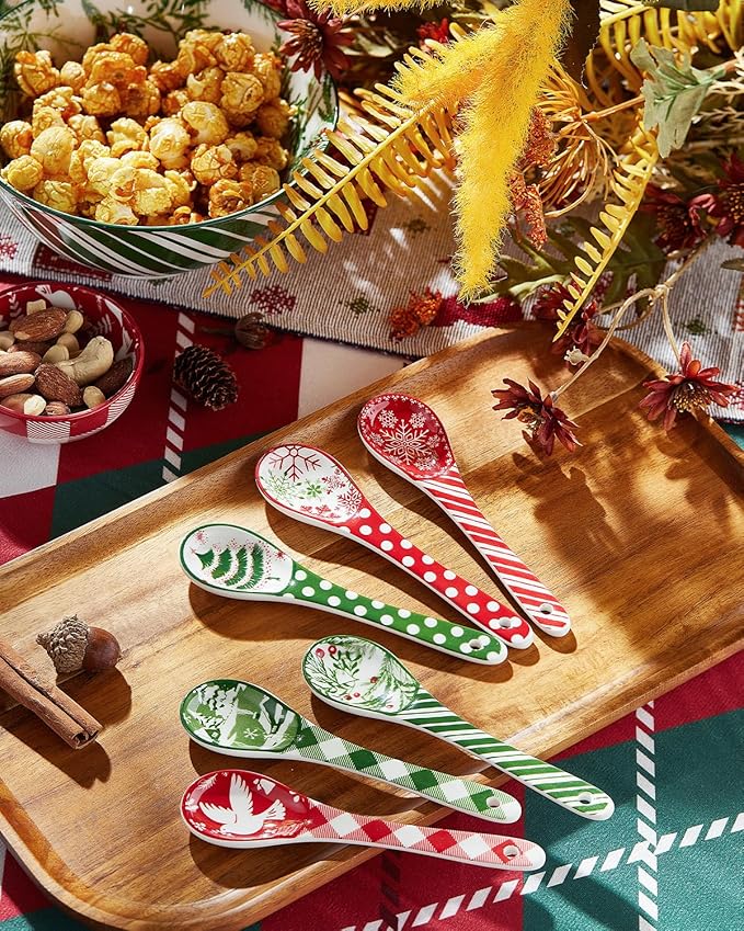 Christmas Ceramic Coffee Spoons, Colorful Teaspoons, Small Spoons for Espresso, Dessert, Tea, Stirring, Dishwasher & Microwave Safe, Assorted Colors, Set of 6