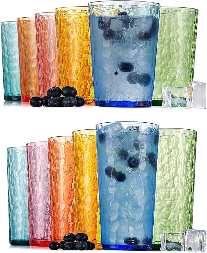 KOXIN-KARLU Hammered 15-ounce and 24-ounce Plastic Tumbler Acrylic Glasses Drinking Cups, set of 12 Multicolor