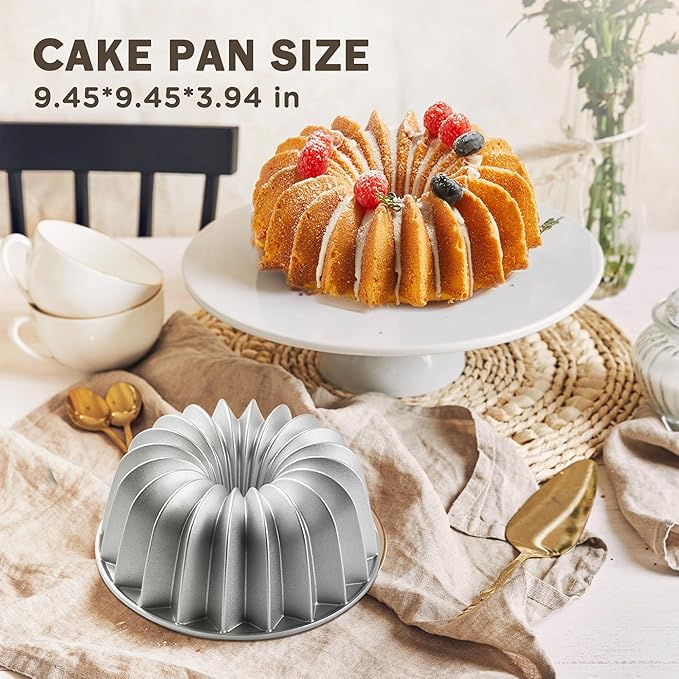 Nonstick Cake Pan, Nonstick Cast Aluminum bunt pan, 9.84” Fluted Tube Pan for Baking Unique Cake, 10 Cup Moldes para Pasteles, Cake Pans for Baking, High-Heat Resistant, Easy to Clean, Silver
