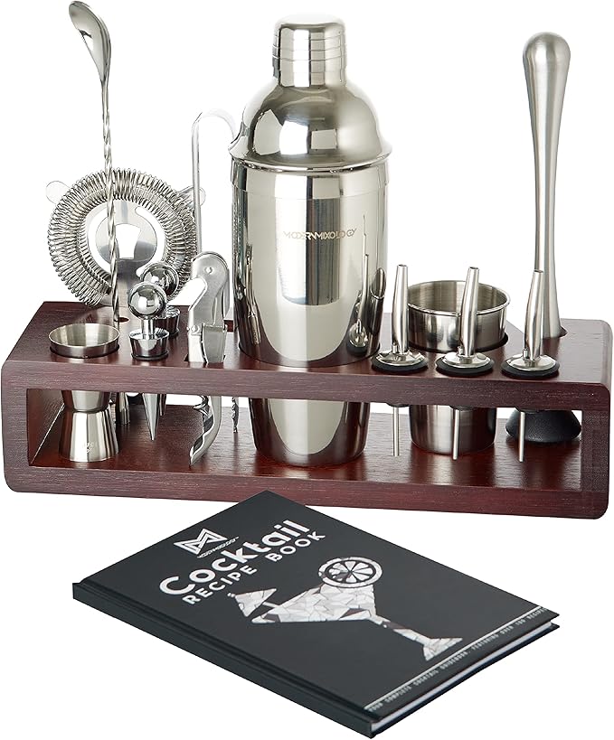 Modern Mixology 21-Piece Cocktail Shaker Set with Stand, Bartender Kit for Home Bar Accessories: 24oz Martini Shaker, Jigger, Strainer, Bar Spoon, Tongs, Opener, Muddler (Silver, Dark Brown Stand)