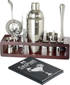 Modern Mixology 21-Piece Cocktail Shaker Set with Stand, Bartender Kit for Home Bar Accessories: 24oz Martini Shaker, Jigger, Strainer, Bar Spoon, Tongs, Opener, Muddler (Silver, Dark Brown Stand)