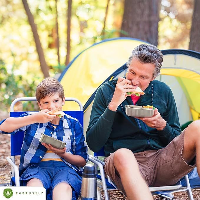 Everusely - Bento Box - Sage, 27oz / 0.8 L - Stainless Steel Lunch Box with Leakproof Condiment Container - 3 Compartment Snack Organizer for On the Go Meals - Freezer & Dishwasher Safe