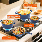 Ceramic Coated Cast Iron Cookware Set, 9-Piece Enameled Dutch Oven and Skillet Set with Lids, Nonstick Pots and Pans Set for Bread Baking, Oven Safe, Induction Compatible, PFAS-Free (Navy Blue)