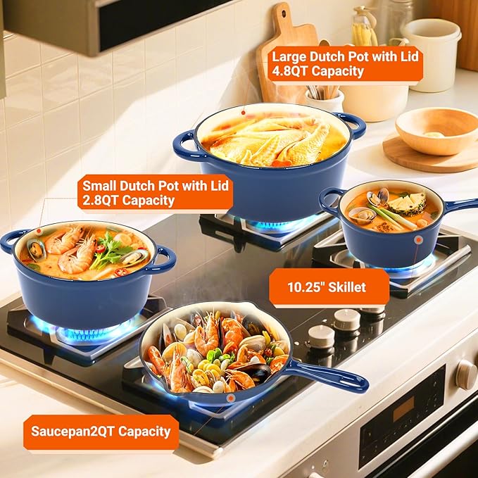 Ceramic Coated Cast Iron Cookware Set, 9-Piece Enameled Dutch Oven and Skillet Set with Lids, Nonstick Pots and Pans Set for Bread Baking, Oven Safe, Induction Compatible, PFAS-Free (Navy Blue)