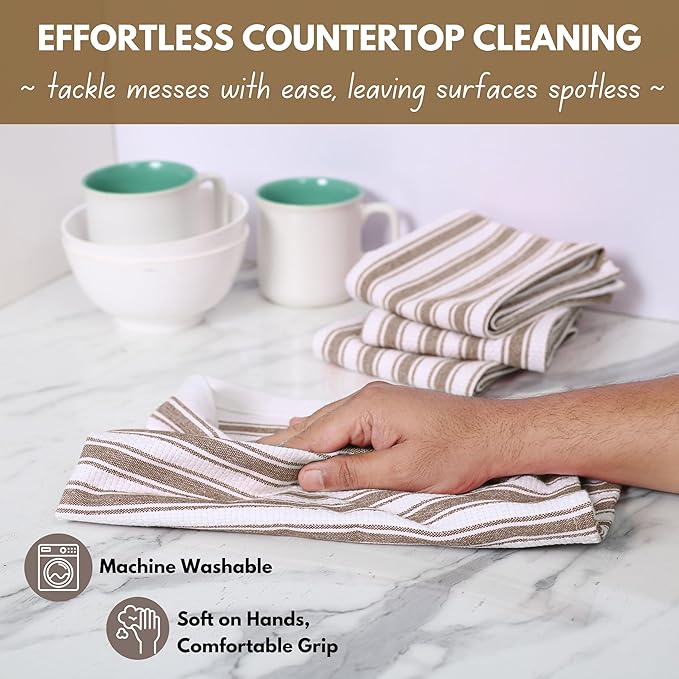 Native Fab Stripe Kitchen Towel - 4 Pack - Basket Weave 100% Cotton Dish Towels - 16x26 inches - Absorbent Towels for Cleaning, Quick Drying, Washable Dish Cloths with Hanging Loop - Brown