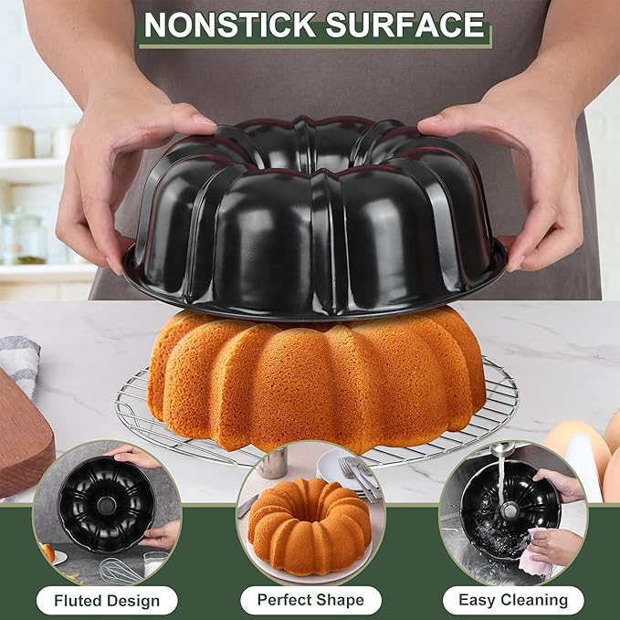 Homikit 10 Inch Non-stick Cake Pan, Heavy Duty Carbon Steel Fluted Tube Round Pans for Baking Meatloaf Jello Angel Food Cake Monkey Bread and More, 10 Cups Large Capacity & Easy Release, Black