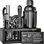 Black Stainless Steel Cocktail Shaker Set with Wood Stand - 15 Piece Bartender Kit with Drink Shaker, Bar Spoon, Jigger, Muddler, Strainer, Bottle Opener, Stopper, Pour Spout, Stirrers, Tongs, Recipes