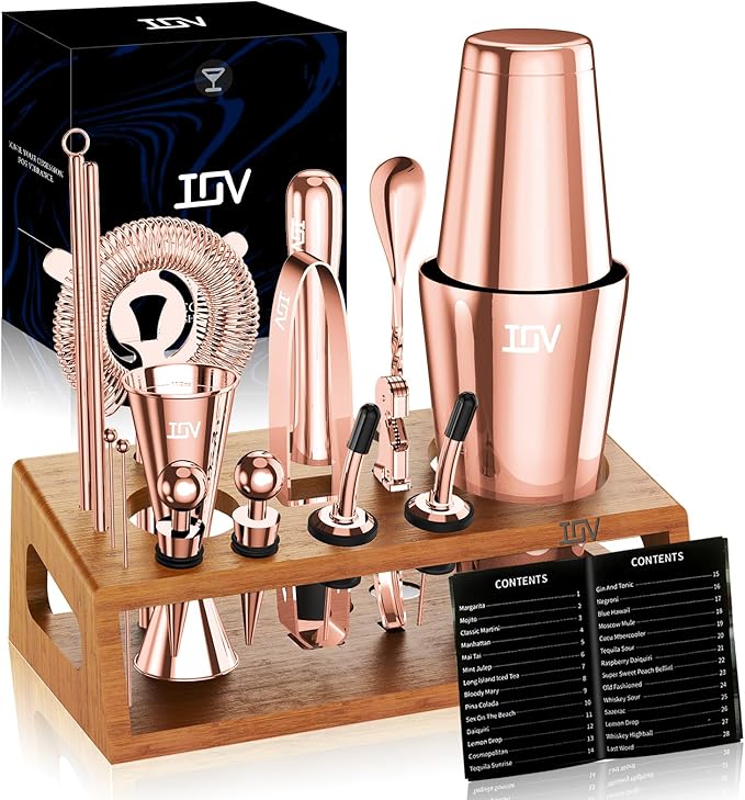 IOV Mixology Bartender Kit Bar Set with Stand | 17-Piece Cocktail Shaker Set | 28oz Boston Shaker Drink Mixer Set with All Essential Accessory Tools | Fun Housewarming Gift (Rose Gold)