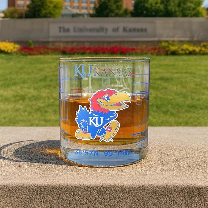 Greenline Goods – University of Kansas Jayhawks College Whiskey Glasses (Set of 2), 10 oz – Full-Color Logo + Campus Map