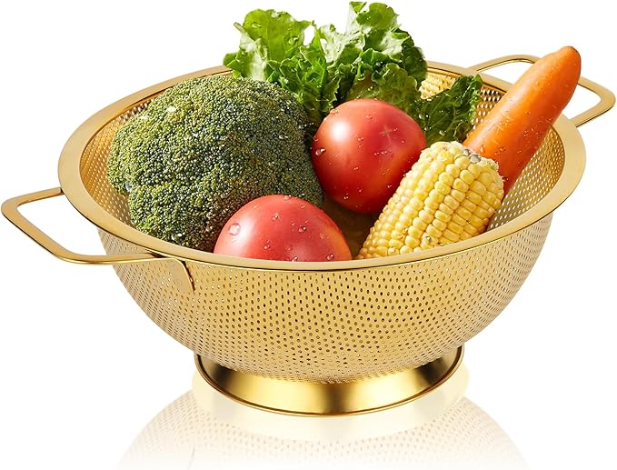Golden Colander, 3QT Durable Stainless Steel Stainer for Pasta Noodle Rice Food Vegetables, Metal Drainer With Food Grade Surface For Easy Straining(Gold, 3QT)