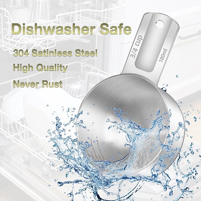 1PCS 3/4Cup (180ml, 6oz) Single Measuring Cup, Etched Inner Scale Stainless Steel Measure Scoop, Metric and US Measurement, Dishwasher Safe