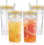 4 Pack 20oz Hobnail Drinking Glasses with Bamboo Lids and Glass Straw,High Borosilicate Glass Tumbler Cup Reusable Wide Mouth Smoothie Cups,Beer, Iced Coffee Glasses, Soda