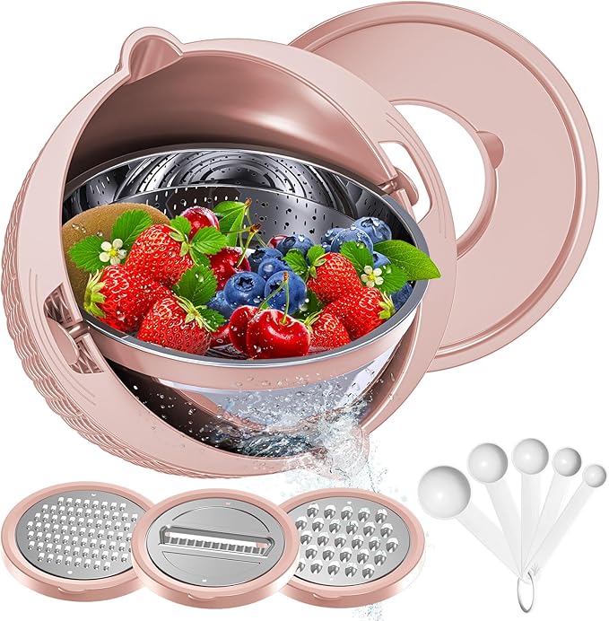 4-1 Colander with Bowl Set - Food Strainer with Graters & Spoons - Colanders for kitchen - Strainers and Colanders - Strainer Bowl Fruit Cleaner with Colander Pasta Rice Strainer for Veggie Wash Pink