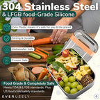 Everusely - Bento Box - Orange, 27oz / 0.8 L - Stainless Steel Lunch Box with Leakproof Condiment Container - 3 Compartment Snack Organizer for On the Go Meals - Freezer & Dishwasher Safe