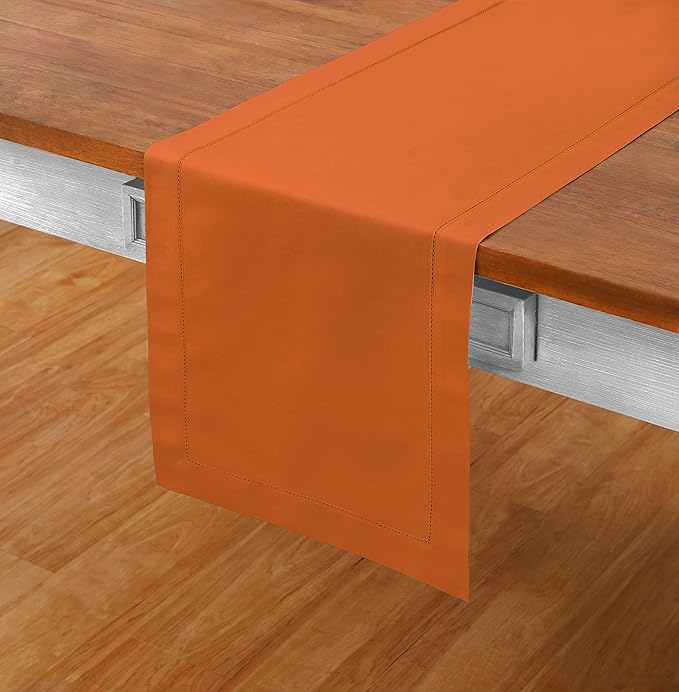 Solino Home Cotton Linen Pumpkin Table Runner 72 Inches Long - Hemstitch Table Runner 14 x 72 Inch for Dresser, Dining, Fall, Autumn, Halloween