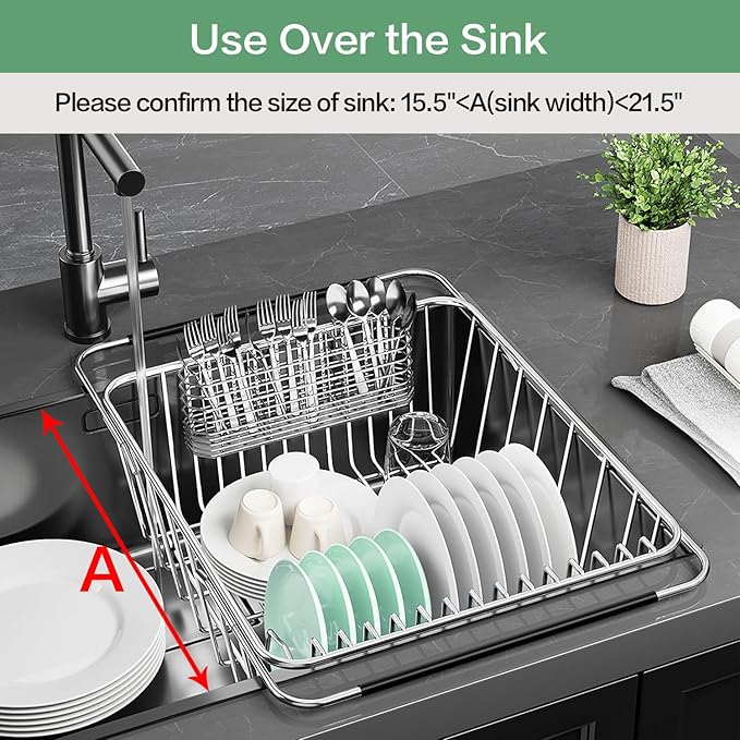 Large Dish Drainer Rack in Sink Adjustable, Expandable 304 Stainless Steel Metal Dish Drying Rack Organizer with Stainless Steel Utensil Holder Over Inside Sink Counter, Rustproof