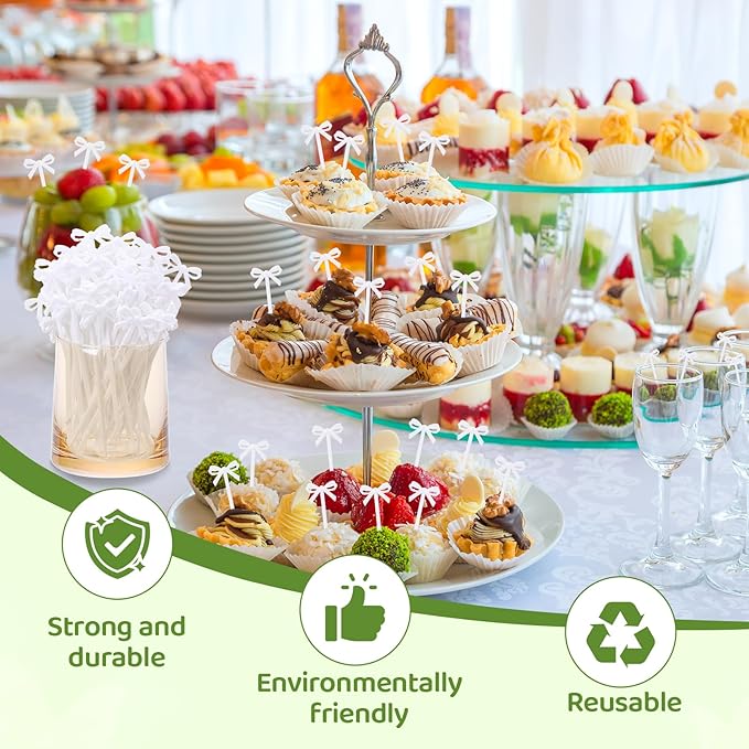 100Pcs Bow Cocktail Picks Party Toothpicks White Plastic Fruit Skewers Christmas Bow Drink Stirrers Cupcake Toppers Fancy Toothpick for Appetizers Drinks Wedding Coquette Birthday Bow Party Decor