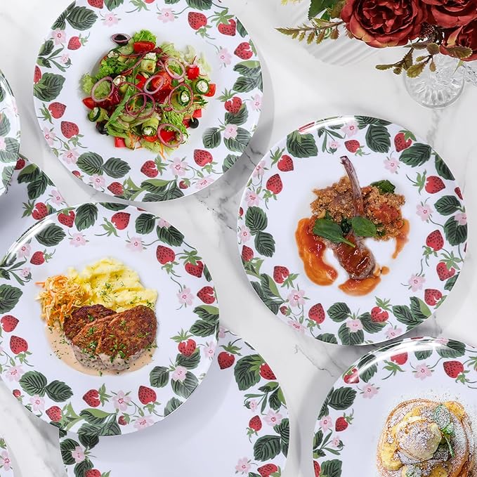 6-Pack Melamine Dinner Plates - 10 Inch Lightweight, Durable & Unbreakable Round Plates for Indoor/Outdoor Use - Strawberry