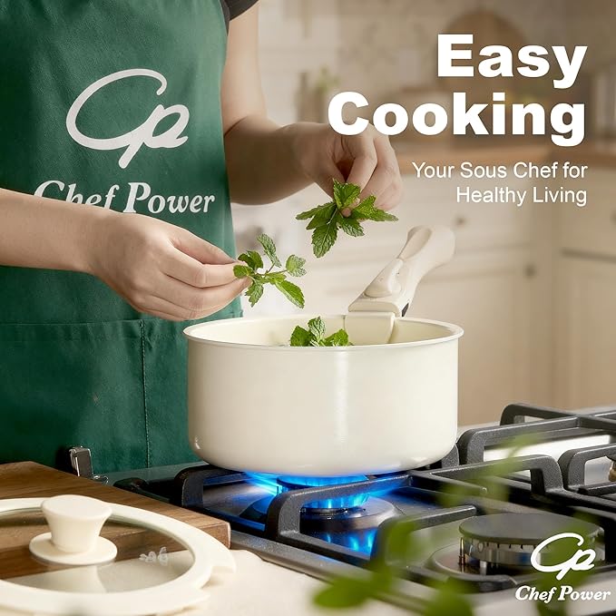 Chef Power Ceramic Nonstick Cookware Set 5 Piece with Detachable Handle, Induction Dishwasher Oven Safe Pans and Pots Set, RV Kicthen Set Removable Handle, Cream White