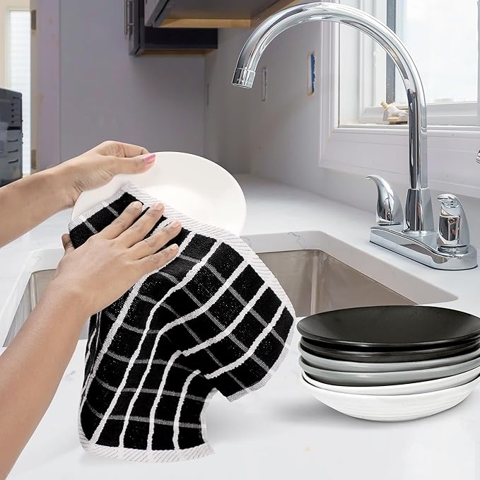 Urban Villa Dish Cloths Terry Cotton Pack of 6, Highly Absorbent Quick Drying Super Soft Premium Dish Towels for Kitchen with Hanging Loop Hand & Tea Towels - 12x12 Inch, (Black & White, Checks)