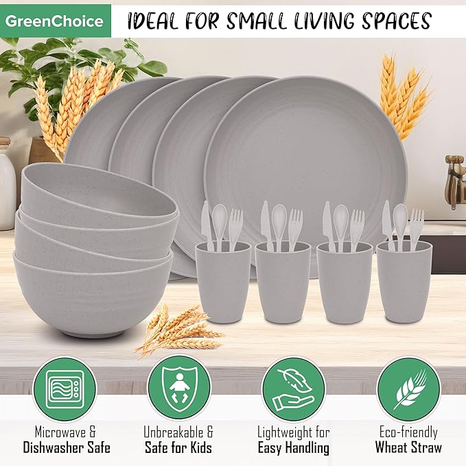 Wheat Straw Dinnerware Sets for 4 - GreenChoice Lightweight & Unbreakable Dishes Microwave & Dishwasher Safe Perfect for Camping, Picnic, RV, Dorm Plates, Cups and Bowls (Gray)