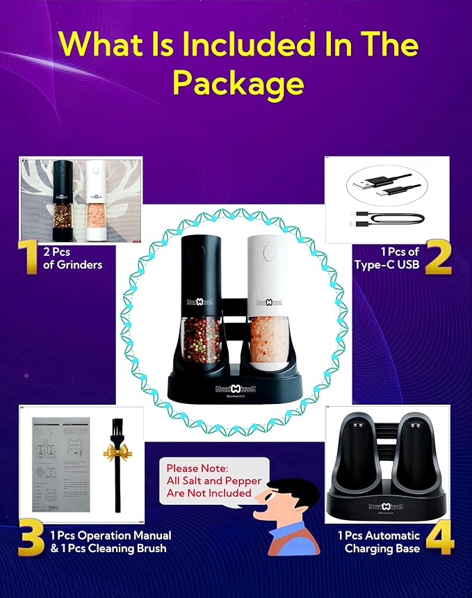 Electric Salt and Pepper Grinder Set with USB Charging Base, Upgraded 95ml Larger Capacity, Adjustable Coarseness, ABS Automatic Pepper Mill with One-Hand Operation, 2 Pack(Black+White)