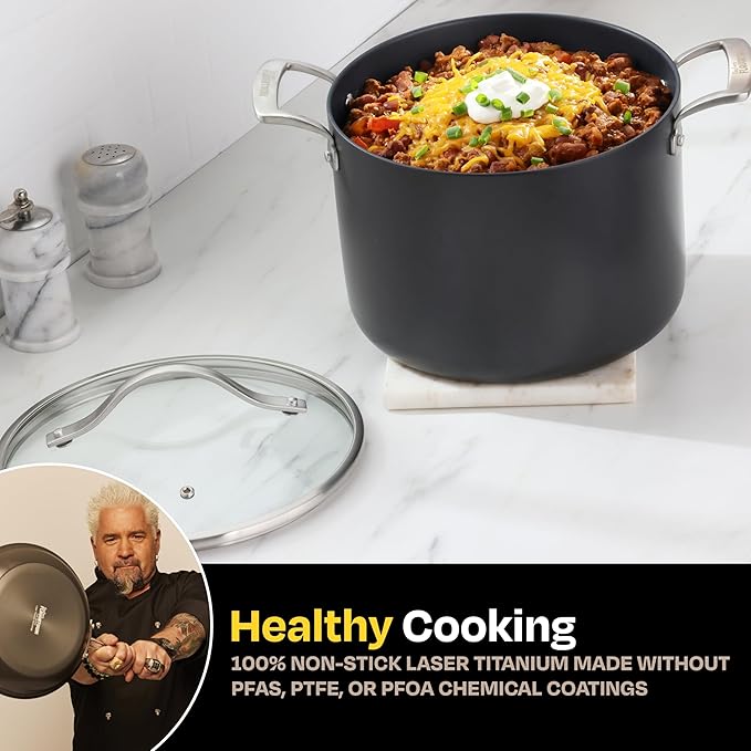 Guy Fieri's Flavortown Laser Titanium 8-Quart Stock Pot with Lid - Non-stick Cookware Without PFAS, PTFE, or PFOA, 3x More Durable, Dishwasher Safe, Oven Safe
