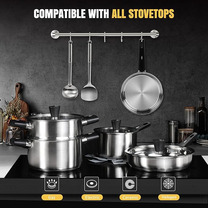 Meythway 𝐔𝐏𝐆𝐑𝐀𝐃𝐄 Stainless Steel Cookware Set Non Toxic, 14PCs Stainless Steel Pots and Pans Set with Stay-Cool Handles, Kitchen Induction Cookware with Steamer, Utensil Sets and Pot Protectors