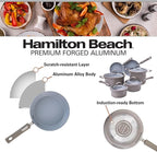 Hamilton Beach Cookware Set, 10-Pieces, Pots, Pans, and Glass Lids, Nonstick PFOA-Free, PTFE-Free Ceramic Interior, Heavy-Duty Aluminum Construction, Modern Matte Gray, Professional Tapered Shape