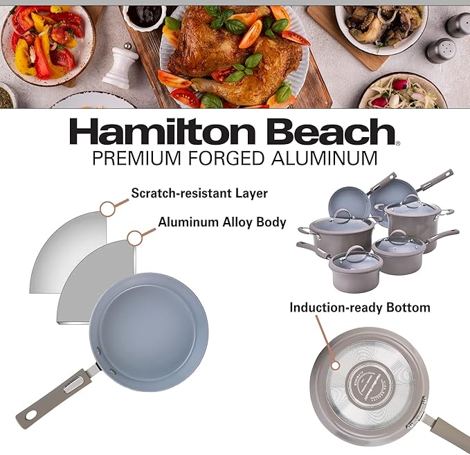 Hamilton Beach Cookware Set, 10-Pieces, Pots, Pans, and Glass Lids, Nonstick PFOA-Free, PTFE-Free Ceramic Interior, Heavy-Duty Aluminum Construction, Modern Matte Gray, Professional Tapered Shape