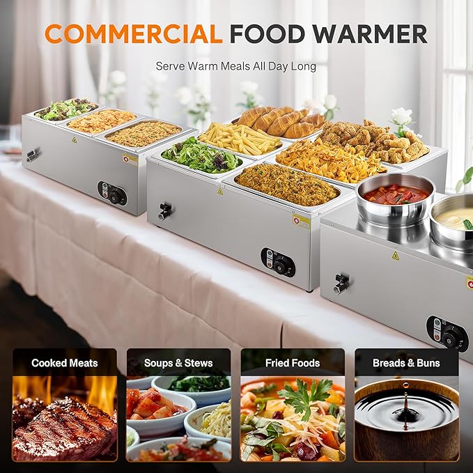 WILPREP Commercial Food Warmer with Six 1/3 Pans, 1500W Countertop Electric Warmer, 86-185°F Adjustable Temp Control & Over-Temp Protection, Stainless Steel Buffet Bain Marie