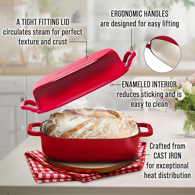 Signature Enameled Cast Iron Sourdough Bread Oven | Non-Stick with Tight Fitting Lid for Perfect Baking and Bread Making | 6QT Rectangle Oven With Lid [Red]