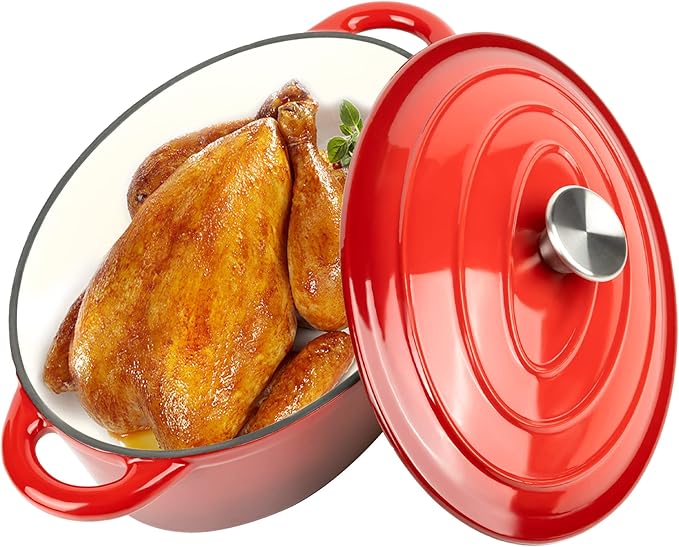 Oval Dutch Oven for Bread Baking, 4.5 Quart Non Stick Enameled Cast Iron Dutch Oven Pot with Lid, Oven Safe Oval Casserole with Lid up to 500°F for Baking, Braising, Stews, Roasting (Red)