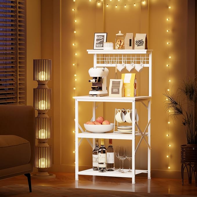 Furologee Kitchen Bakers Rack with Hutch, Coffee Bar Station 4 Tiers, Microwave Oven Stand with 6 S Hooks and Pegboard, Kitchen Microwave Rack for Spice Organizer Workstation, White
