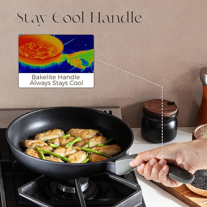 PRICUSIS Nonstick Frying Pan with Lid, 8/10 Inch Skillet with Stay Cool Handle, Fully Coated, Induction Compatible & Oven Safe, 100% Dishwasher Safe, PTFE & PFOA Free（10 Inch, Black Sesame）