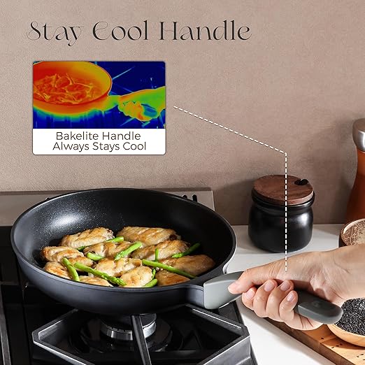 Nonstick Frying Pan, 8/10/12 Inch Skillet with Stay Cool Handle, Fully Coated, Induction Compatible & Oven Safe, 100% Dishwasher Safe, PTFE & PFOA Free（8 Inch, Black Sesame）