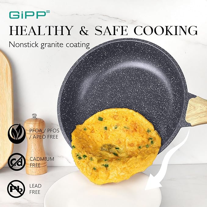 GiPP 21Psc Pots and Pans Set Non Stick - Grey Granite Kitchen Cookware Sets Nonstick Induction Cookware Non-toxic Cooking Pan Set with Silicone Utensils, PFOS and PFOA Free