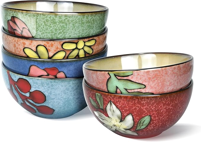 Ceramic Cereal Bowls Set of 6, Floral Design 6 inch – 28oz for Cereal, Salad, Soup, Dessert, or Snacks, Microwave, Dishwasher Safe