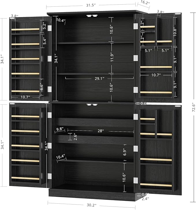 IRONCK Kitchen Pantry Storage Cabinet 72.8" H, 4 Barn Doors with Storage Rack, 4 Adjustable Shelves, Freestanding Cupboard for Dining Room Living Room, Laundry, Black